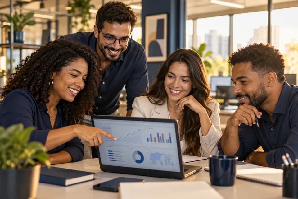 Profissionais comerciais e de marketing analisando uma campanha — cena ilustrativa