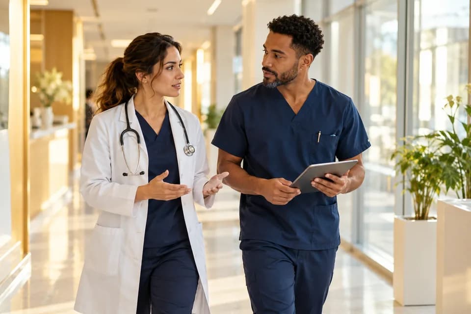 Médica e enfermeiro conversando em uma clínica — cena ilustrativa